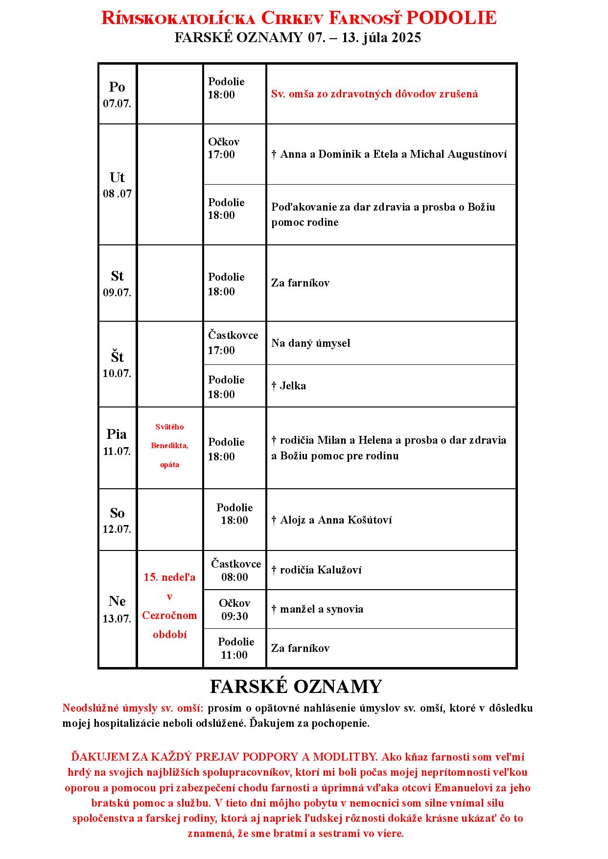 Farské oznamy od 07. – 13. júla 2025